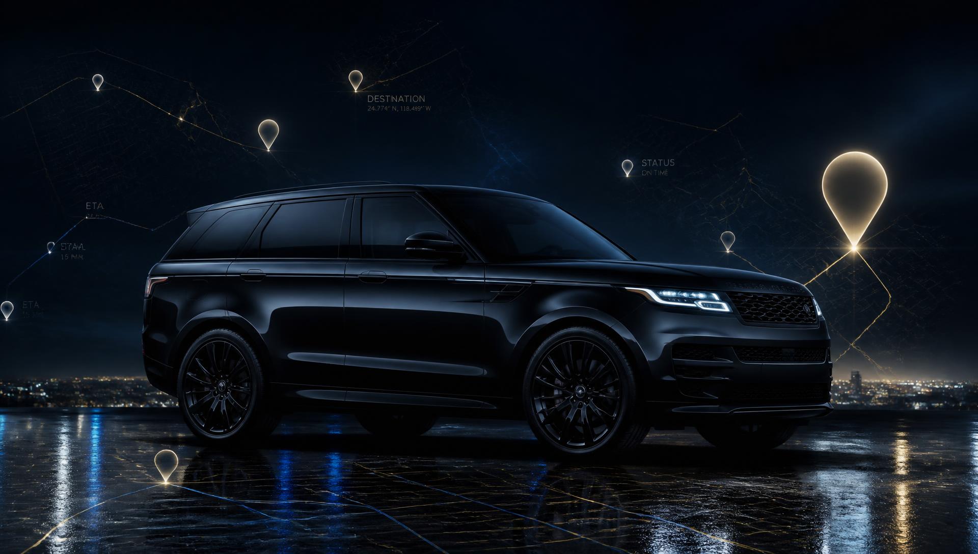 Premium black SUV tracked at night with GPS location markers